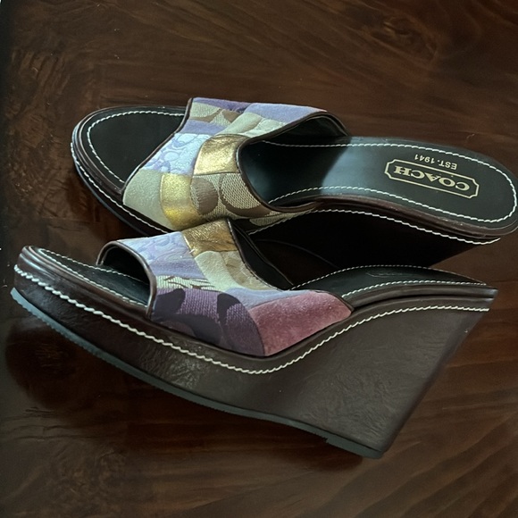 Coach patchwork wedge sandals in purples, creams and brown.  7M - Picture 2 of 8